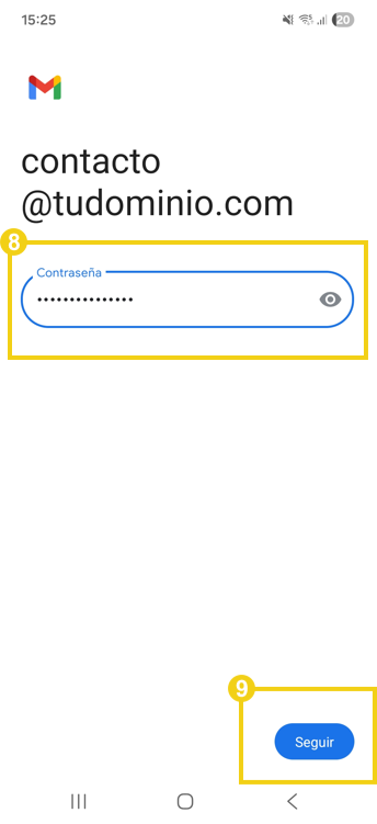 La imagen muestra la pantalla del celular en la aplicación Gmail, con la marca resaltada en el campo donde usted debe ingresar la contraseña del correo electrónico Titan.