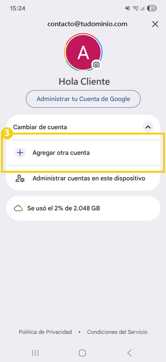 La imagen muestra la pantalla del celular en la aplicación Gmail, con la marca resaltada en la opción “Agregar otra cuenta”, que es el lugar donde usted debe hacer clic.