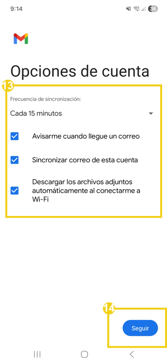 La imagen muestra la pantalla del celular en la aplicación Gmail, con la marca resaltada en los campos donde usted debe definir las opciones de la cuenta.