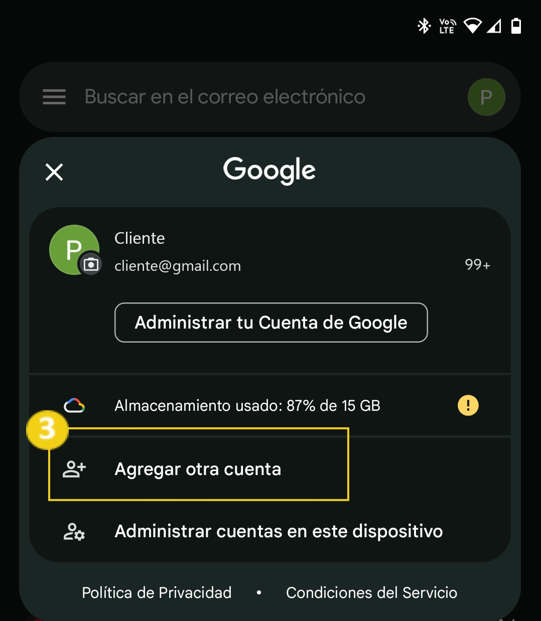 Imagen de una pantalla de smartphone mostrando la opción de agregar nueva cuenta en Gmail, con foco en las configuraciones de cuentas y almacenamiento.