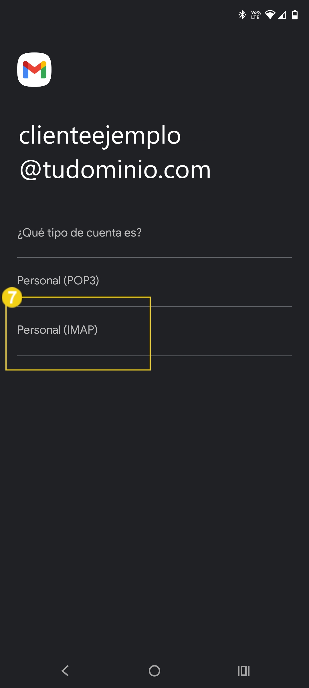 Pantalla de inicio de sesión de correo electrónico con opción de elegir entre cuenta personal y cuenta Personal IMAP