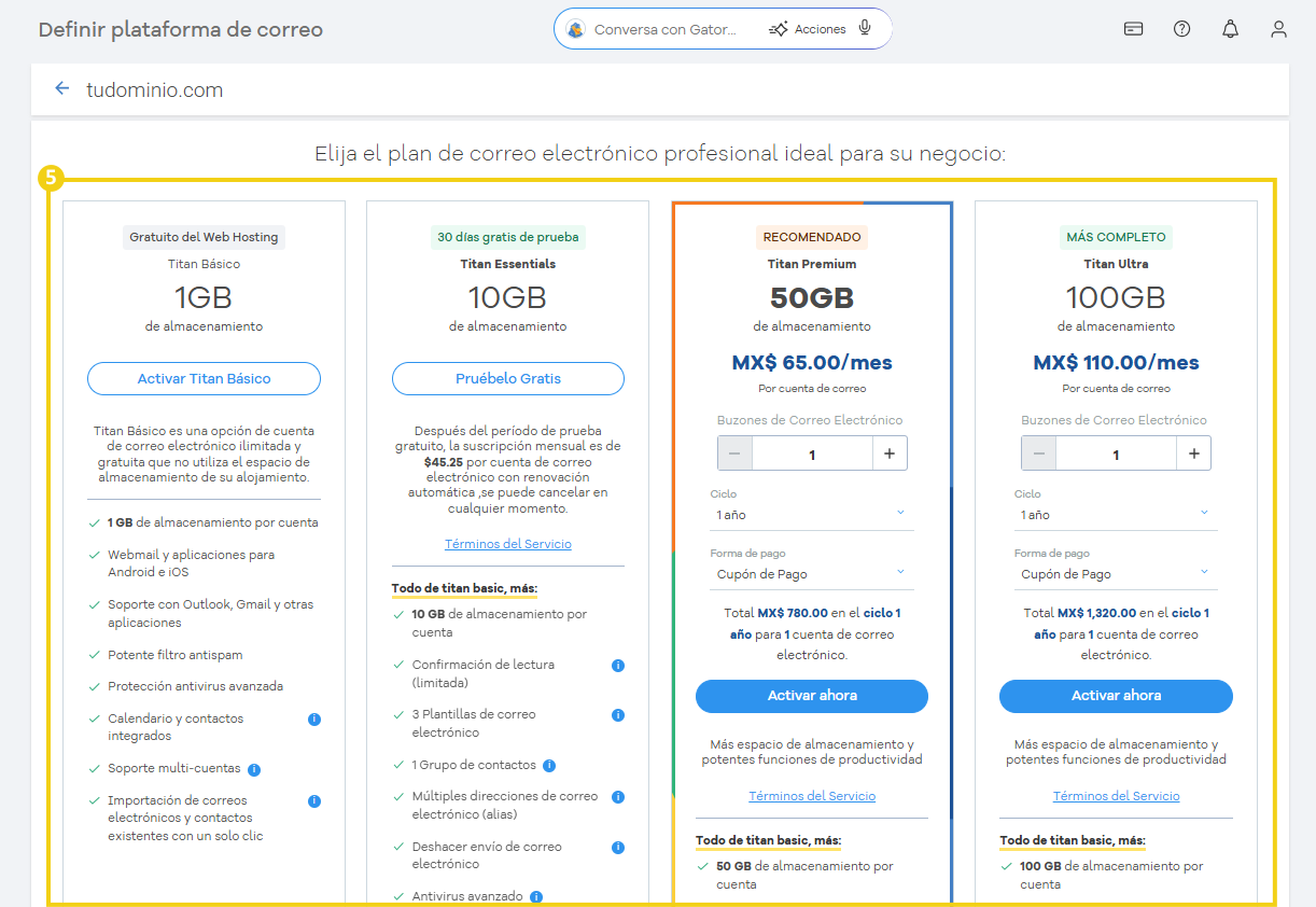 Imagem mostra a tela do Portal para escolher a plataforma de e-mail com os planos Titan