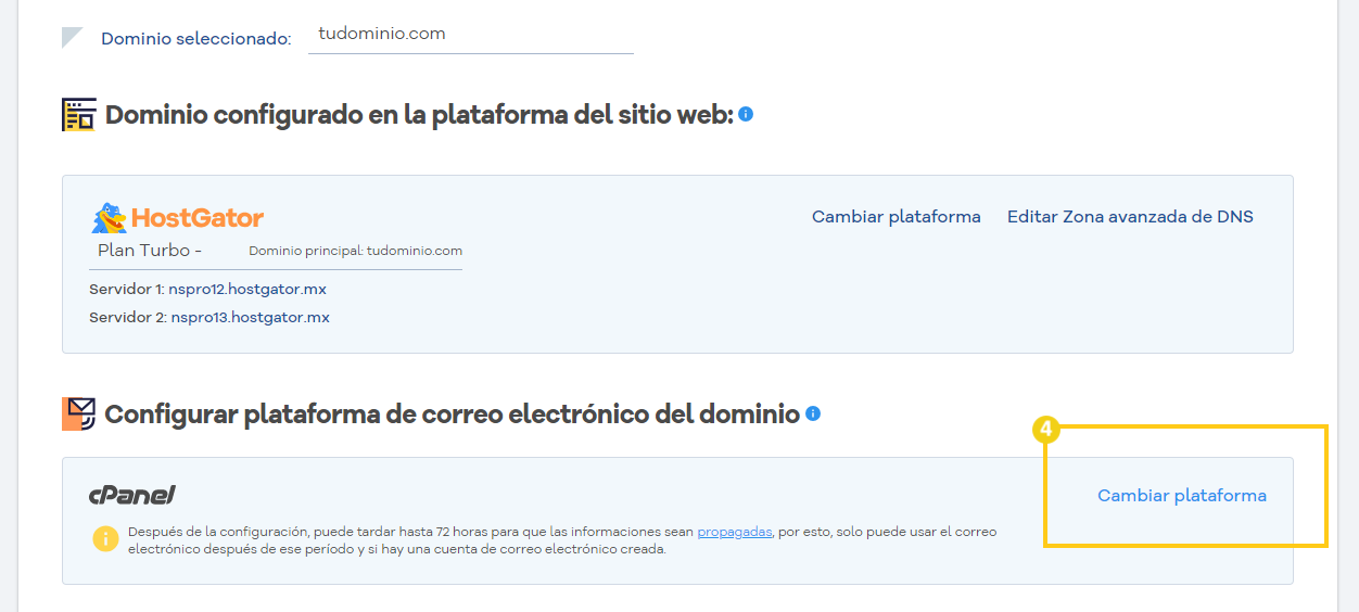 Imagen de la plataforma HostGator mostrando la configuración del dominio y la configuración avanzada de DNS para optimización de DNS y gestión de dominio.