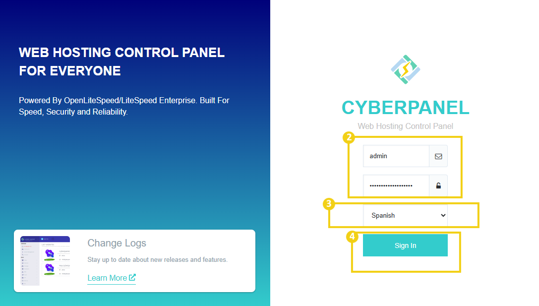 La imagen muestra la pantalla de inicio de sesión de CyberPanel, donde debe ingresar el usuario, la contraseña, seleccionar el idioma “Español” y para concluir el acceso, hacer clic en Sign In, que significa entrar