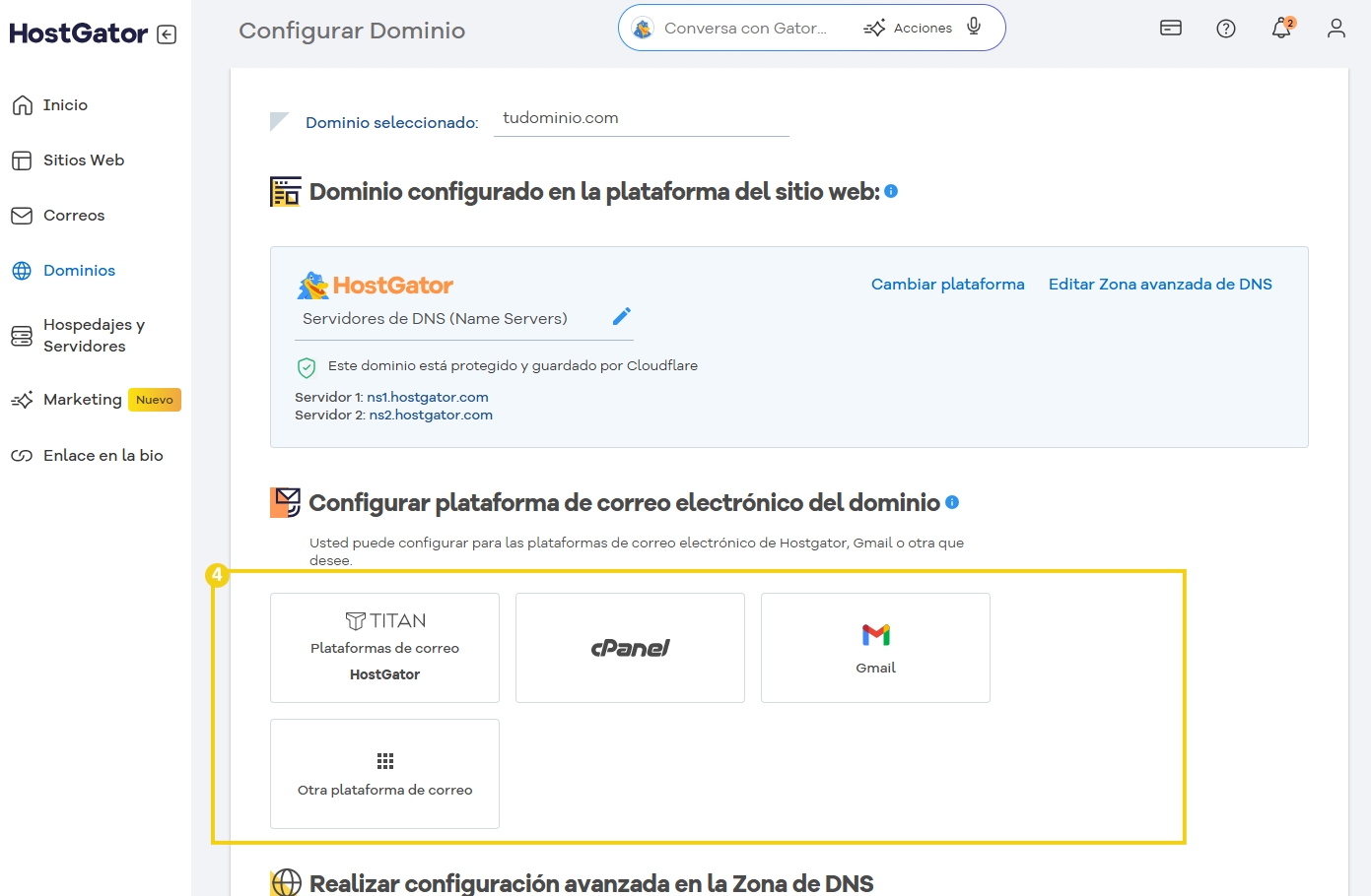 Imagen mostrando el panel de configuración de dominio en la plataforma HostGator, con opciones de conexión de correo electrónico y gestión de DNS, garantizando la optimización del sitio y servicios de hospedaje.