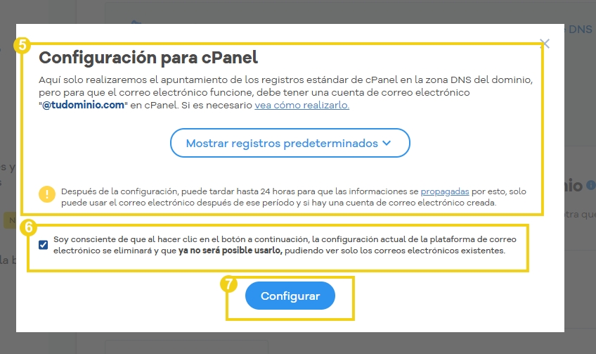 Imagen que muestra el panel de configuración de dominio en el panel de HostGator, destacando opciones de gestión de DNS, correos electrónicos y soporte.