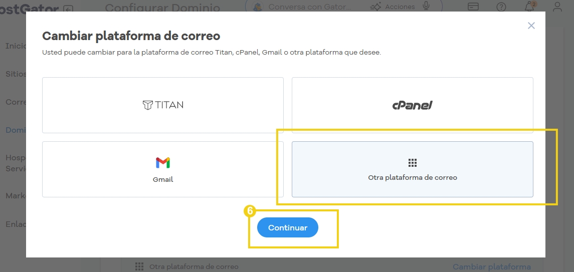 Imagen muestra la pantalla para elegir otra plataforma de correo electrónico