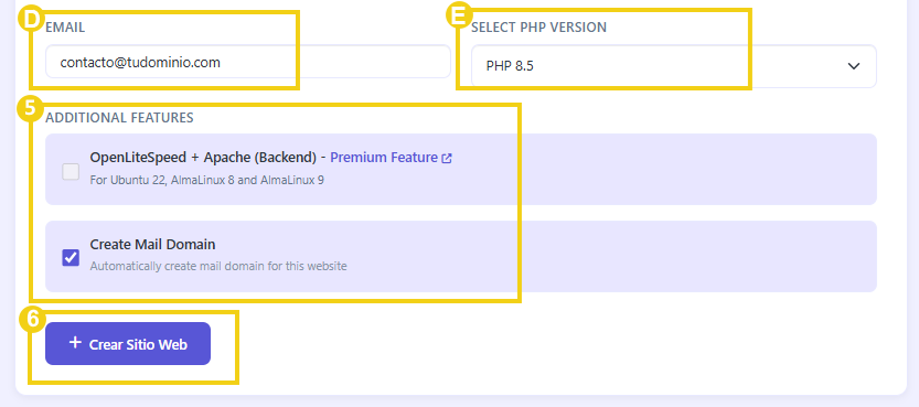 La imagen muestra la pantalla del panel CyberPanel para ingresar los demás datos y finalizar la adición del dominio.