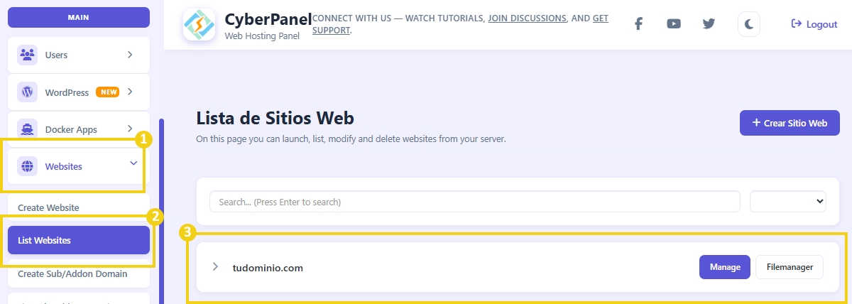 La imagen muestra la pantalla del panel CyberPanel con el paso a paso para acceder a la lista de dominios: en el menú lateral, usted debe hacer clic en Websites (Sitios) y, a continuación, en List Websites (Lista de sitios).