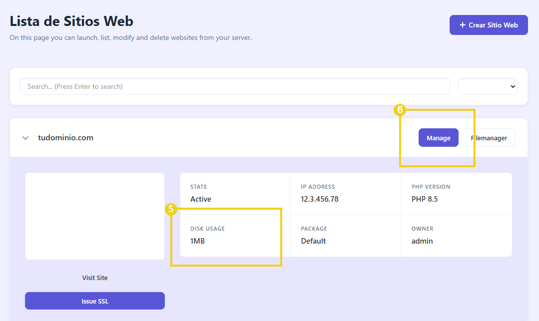 Imagen muestra la pantalla del CyberPanel con la marcación en el cuadrante que muestra el disco de uso y el botón de administración