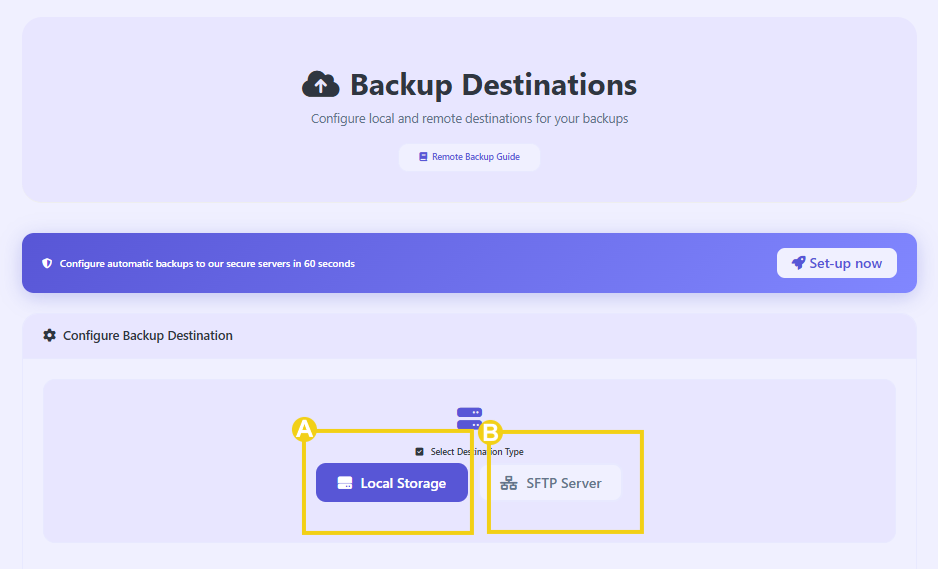 Imagen muestra el panel CyberPanel con la marcación en las opciones que tiene para configurar los destinos de respaldo
