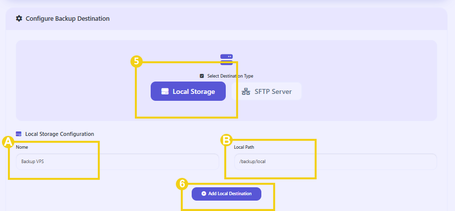 Imagen muestra el panel CyberPanel con la marcación en los campos para configurar el destino local
