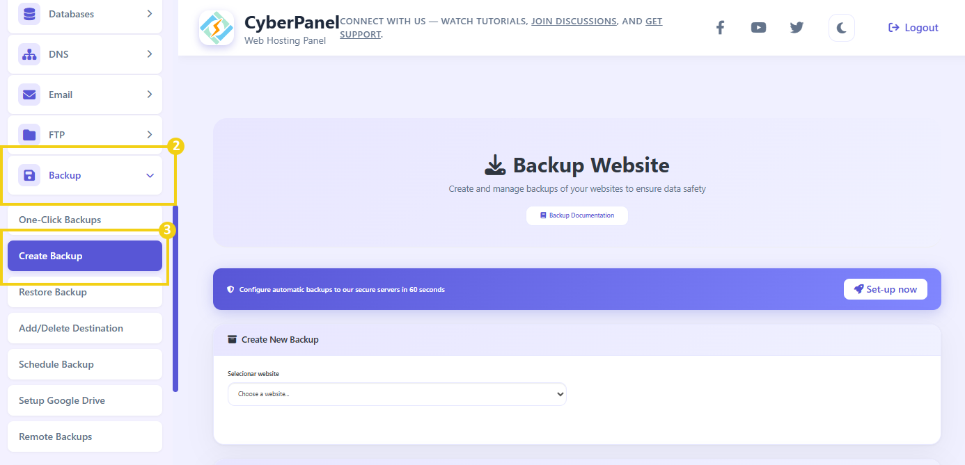Imagen muestra el panel CyberPanel con la marcación en el menú lateral en la opción Backup y en Crear Backup para acceder a la pantalla de creación y generación de backups