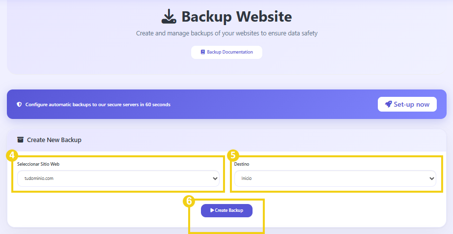 Imagen muestra el panel CyberPanel en la pantalla para generar el Backup, con la marcación en el campo del dominio que debe ser seleccionado, el destino y para continuar, debe hacer clic en el botón Crear Backup