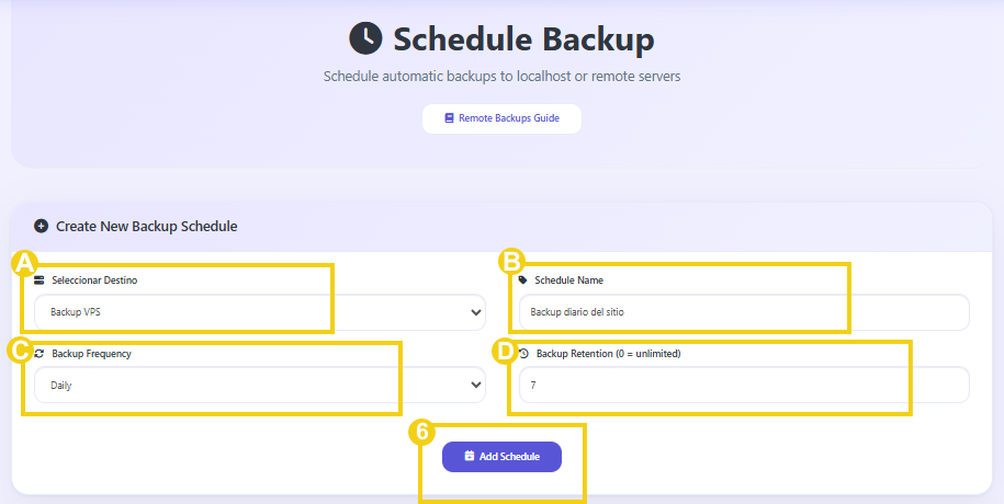 Imagen muestra el panel CyberPanel con la marcación en los campos de configuración de la programación de backup