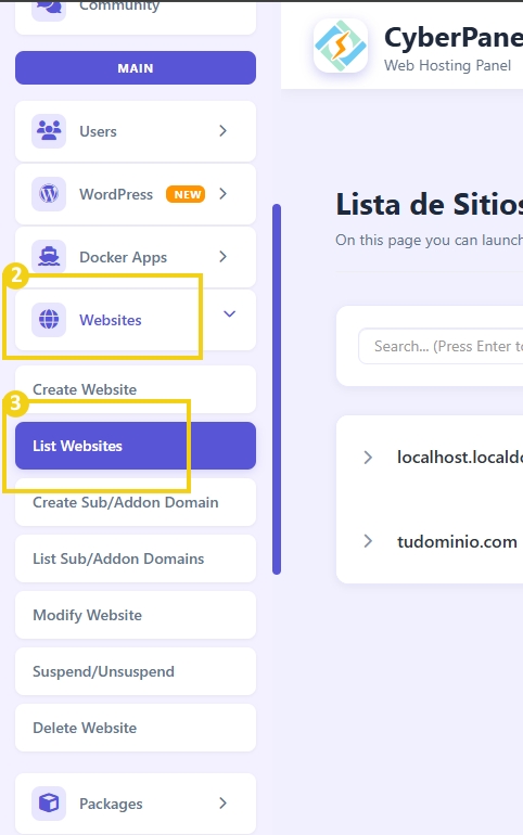 Pantalla del panel de control de CyberPanel mostrando la lista de sitios web disponibles, incluyendo localhost.localdomain y tudominio.com, con opciones para listar, editar y modificar sitios del servidor.