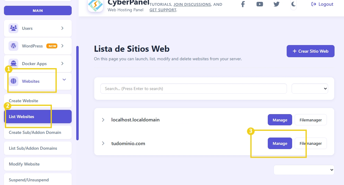 Panel de CyberPanel mostrando la lista de sitios web disponibles y el botón para administrar el sitio 'tudominio.com', optimizado para 'listar sitios web en CyberPanel'
