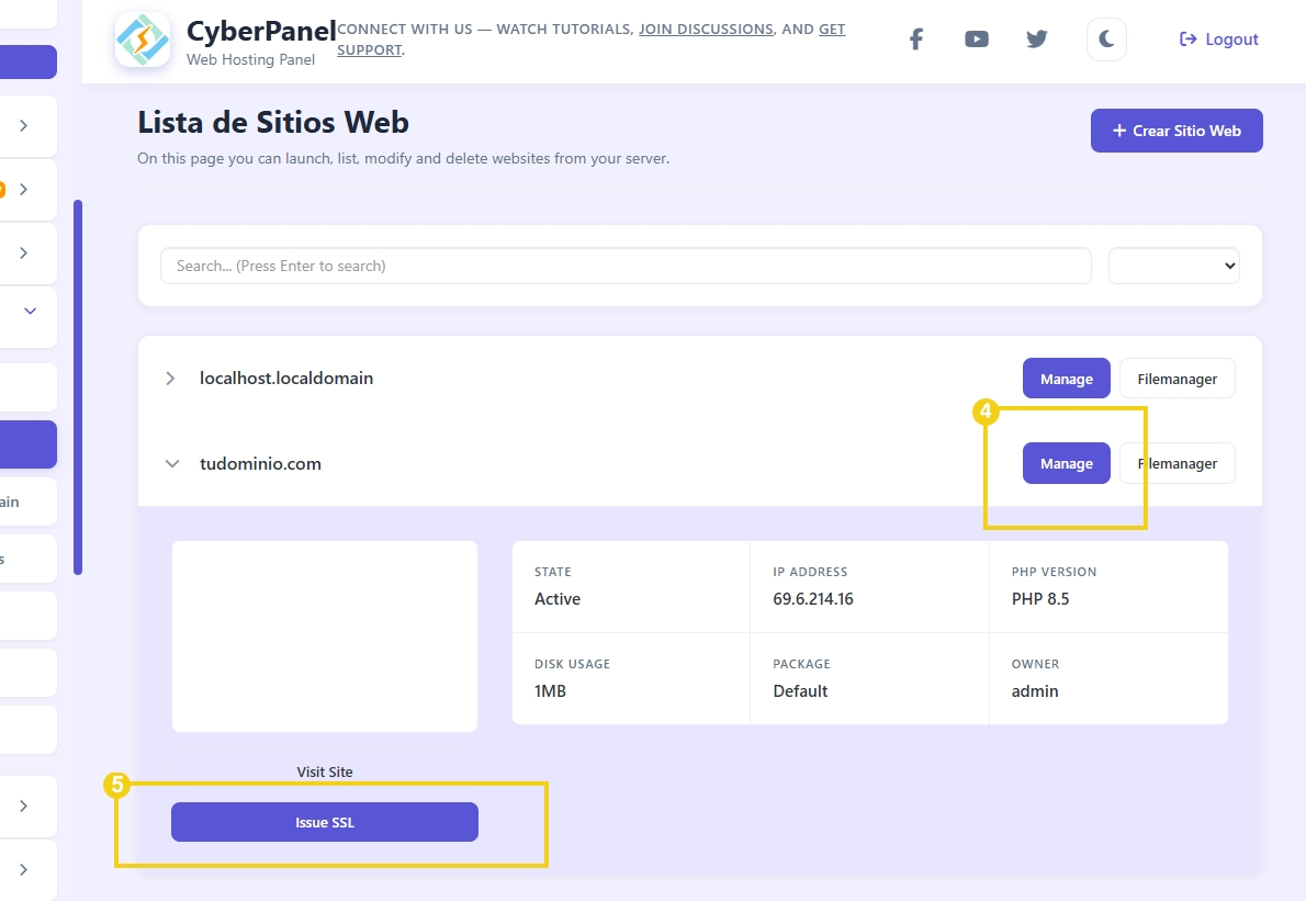 Lista de sitios web con destaque para el sitio tudominio.com, mostrando gestión de SSL, detalles del servidor, y opciones de edición.
