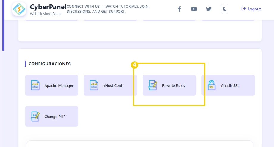 Pantalla del panel de control CyberPanel mostrando la opción 'Rewrite Rules' destacada en amarillo