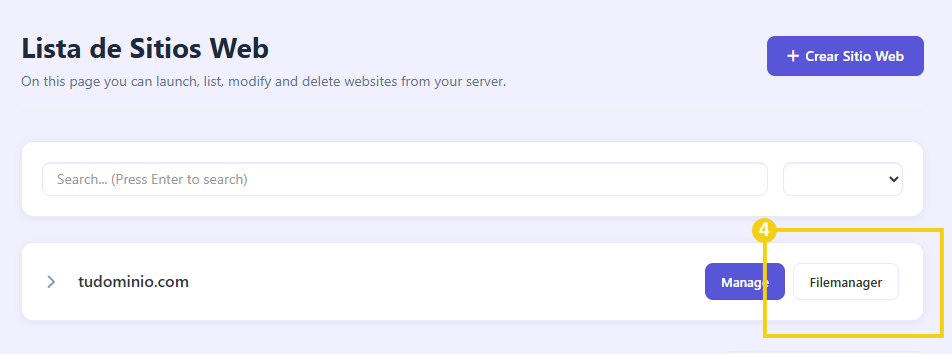 La imagen muestra el panel CyberPanel con la marcación en el botón Filemanager