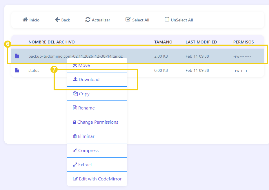 Imagen muestra el panel CyberPanel con la marcación en la línea de respaldo y en la ventana que se abre con la opción de Descargar