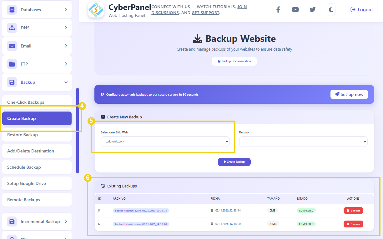 Imagen muestra el panel&nbsp;CyberPanel&nbsp;con la marca en el menú lateral en el botón "Crear Backup", que en la pantalla de gestión debe seleccionarse el dominio que desea y así se muestran los datos