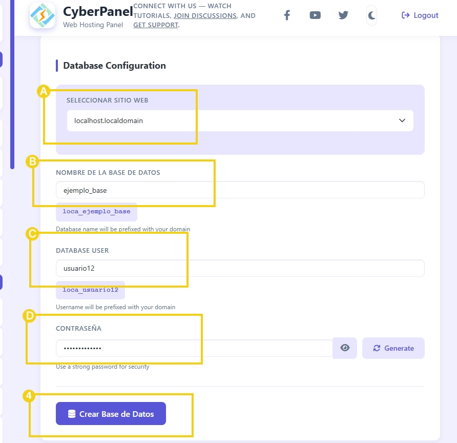 Imagen ilustrativa de configuración de base de datos en una interfaz de software, incluyendo campos para seleccionar sitio, nombre de la base, usuario y contraseña. Ideal para quienes buscan entender el proceso de creación de base de datos para implementar en un sitio o sistema de gestión.