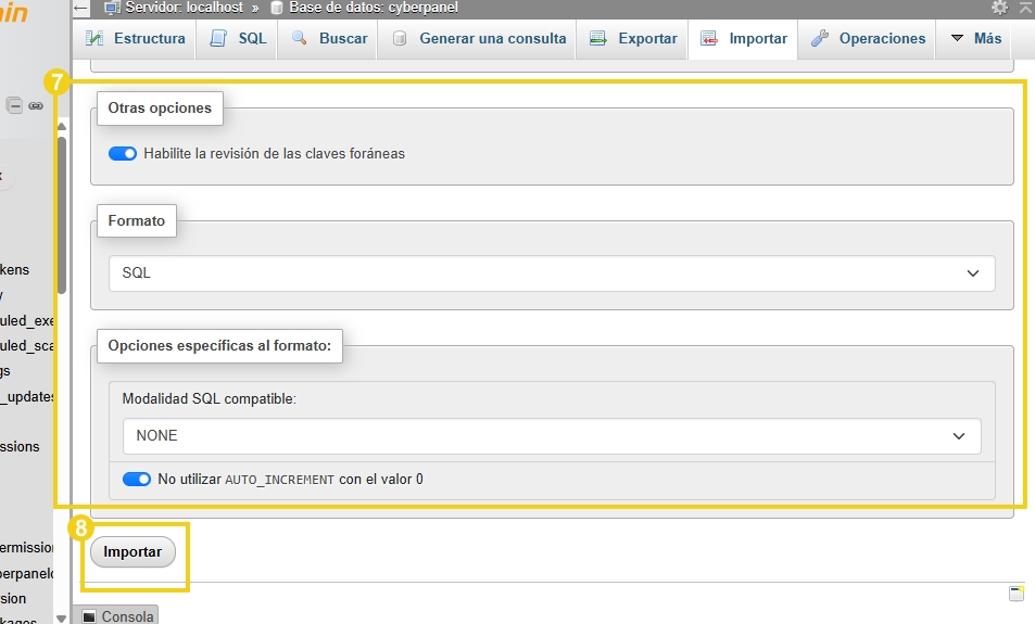 Pantalla de configuración de importación parcial de base de datos en ambiente de servidor, mostrando opciones de seguridad, formato SQL y compatibilidad.