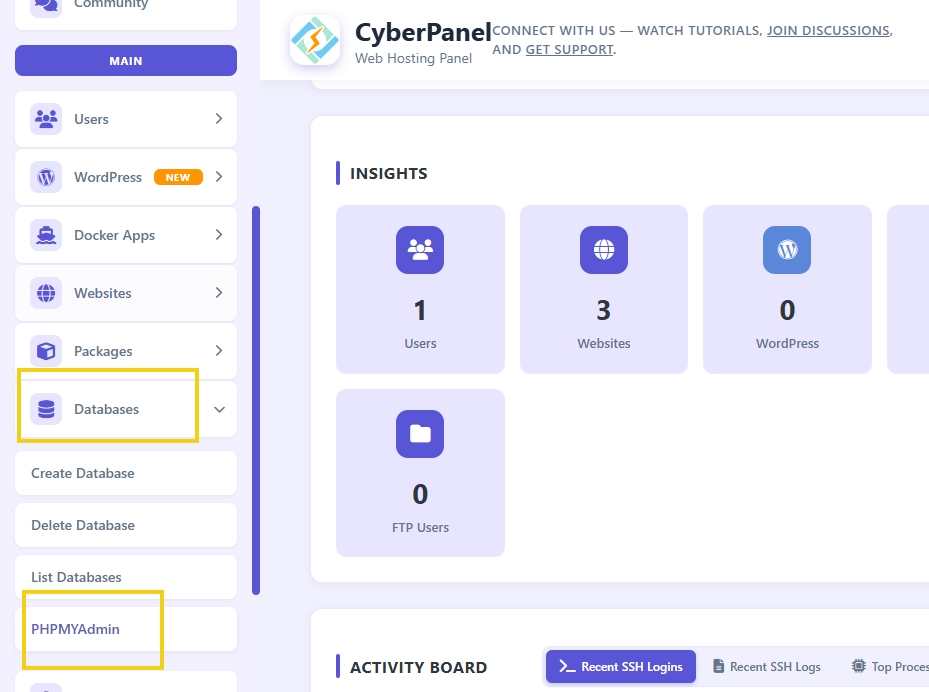 Pantalla del panel de control de CyberPanel mostrando opciones de gestión de bases de datos, sitios y usuarios, con énfasis en las secciones de bases de datos y PHPMyAdmin.