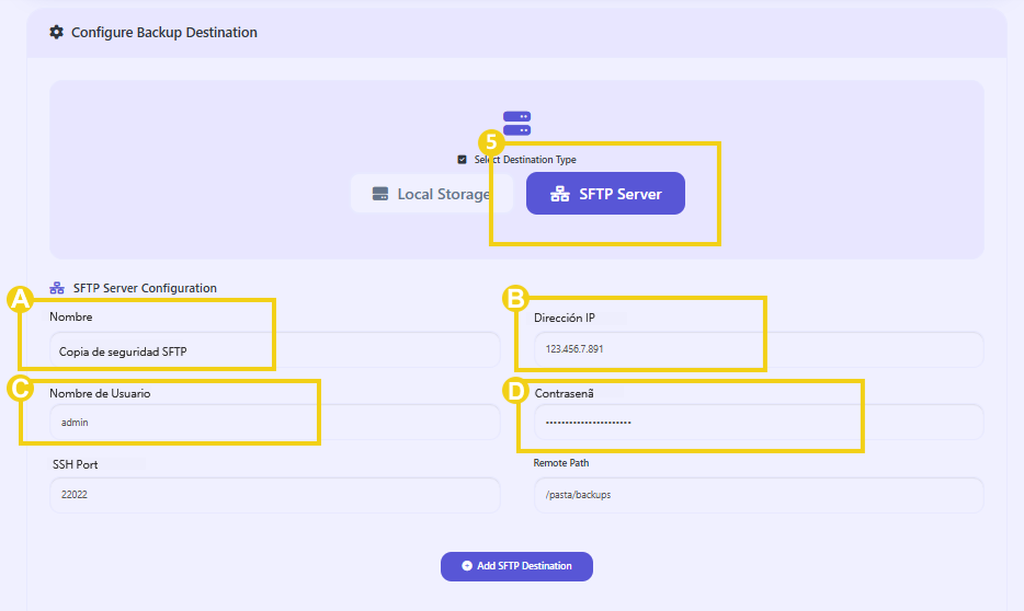 La imagen muestra el panel CyberPanel con la marcación en los campos para configurar el destino externo