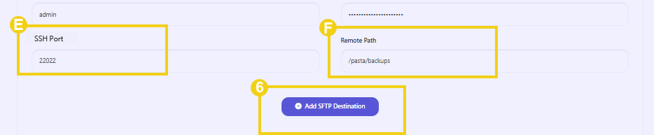 La imagen muestra el panel CyberPanel con la marcación en los campos para concluir la configuración del destino externo