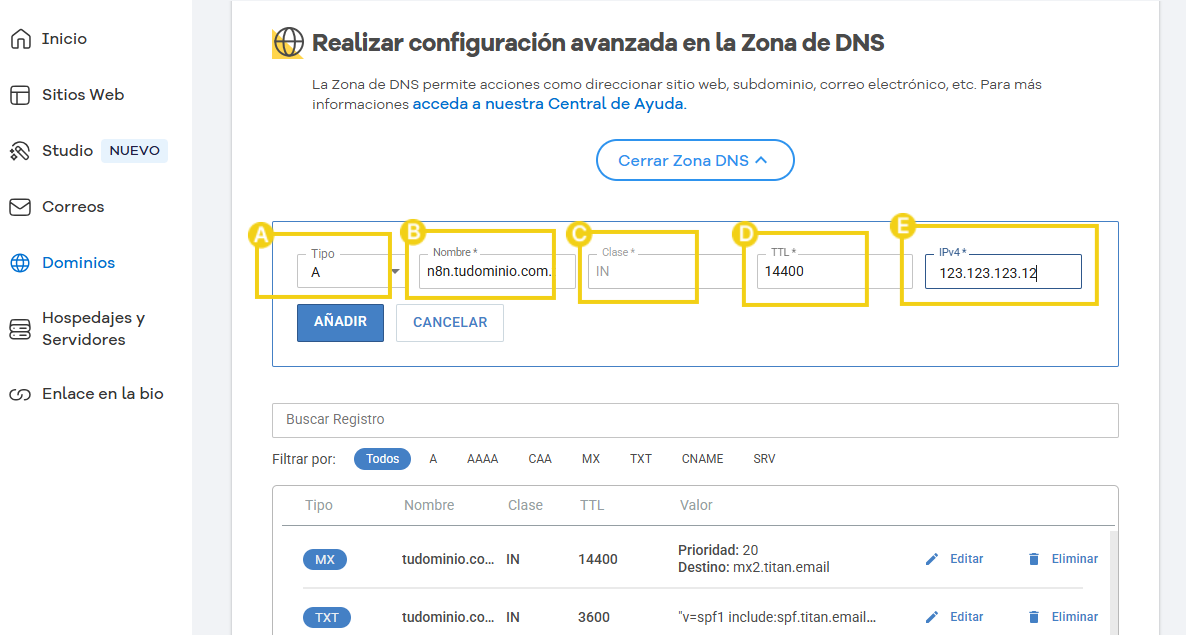 Imagen de una pantalla de configuración avanzada en la zona de DNS de HostGator, exhibiendo campos para editar tipo, nombre, clase, TTL e IPv4.