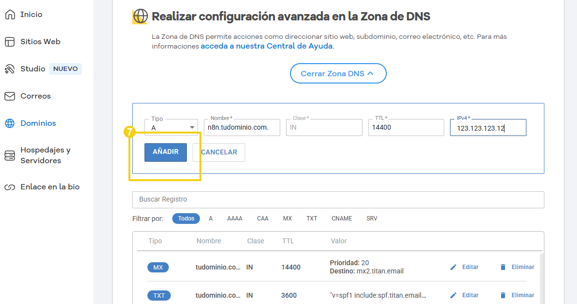 imagen del portal en la parte de zona de dns, destacando el botón de agregar