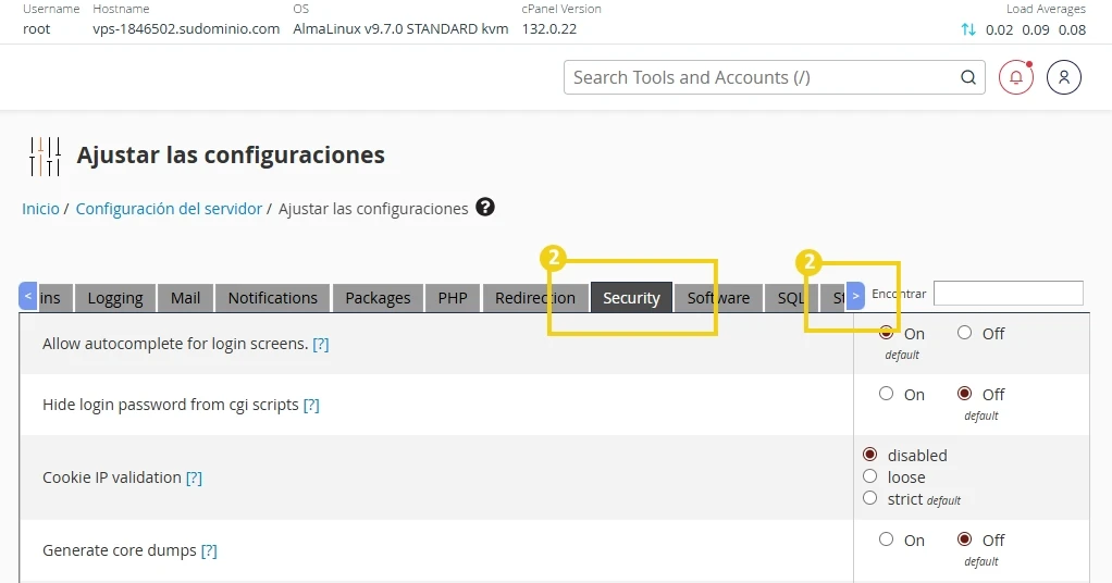 Imagen muestra la pantalla del WHM en "Ajustar configuraciones", la búsqueda por Security