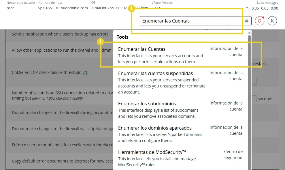 Imagen muestra la búsqueda en WHM por Lista de cuentas y debe hacer clic en la opción encontrada