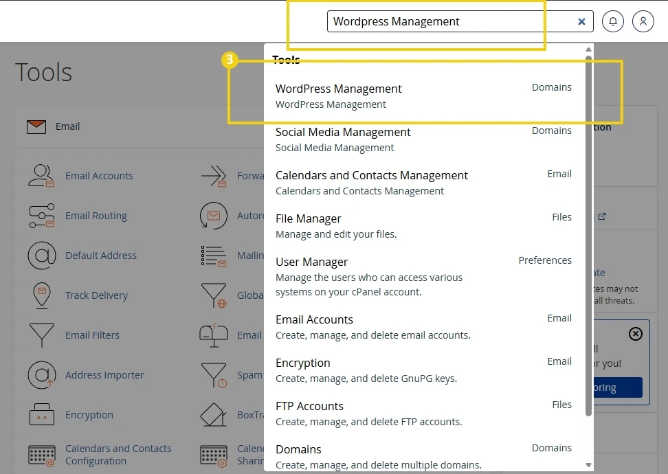 Pantalla del panel de control del cPanel con opciones de herramientas para la gestión de sitios, incluyendo SiteJet Builder, Site Quality Monitoring y WP Toolkit.