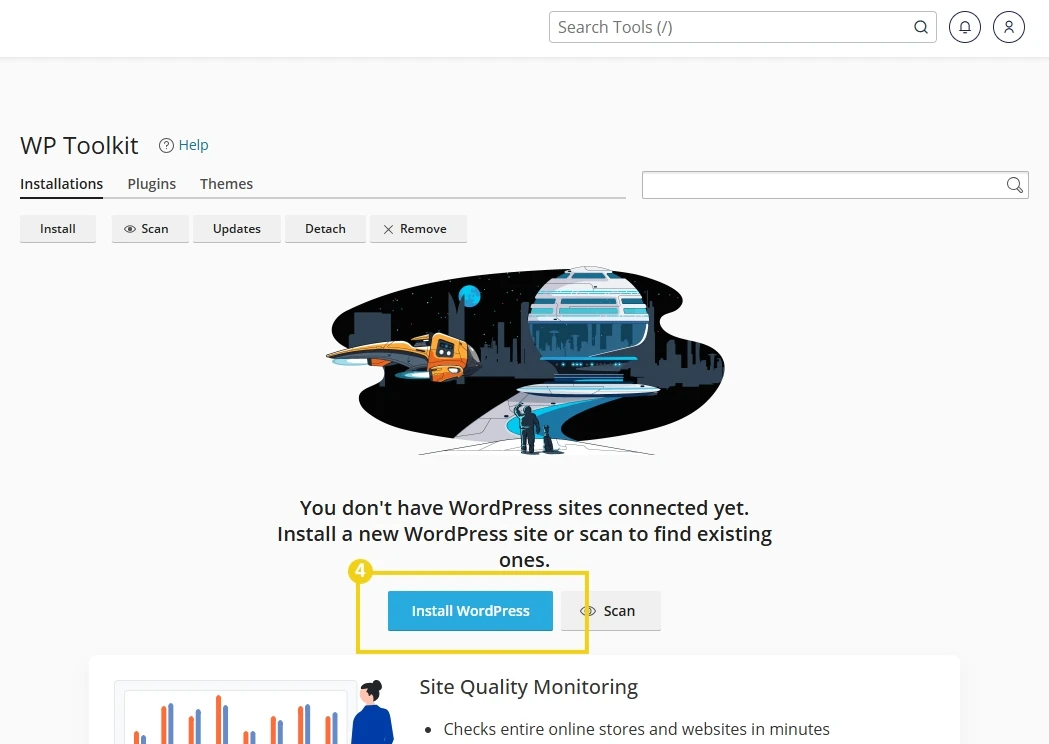 Imagen de pantalla de instalación del WordPress Toolkit con opciones de plugins y actualizaciones disponibles, dirigida a usuarios que desean gestionar sitios WordPress de forma eficiente y rápida.