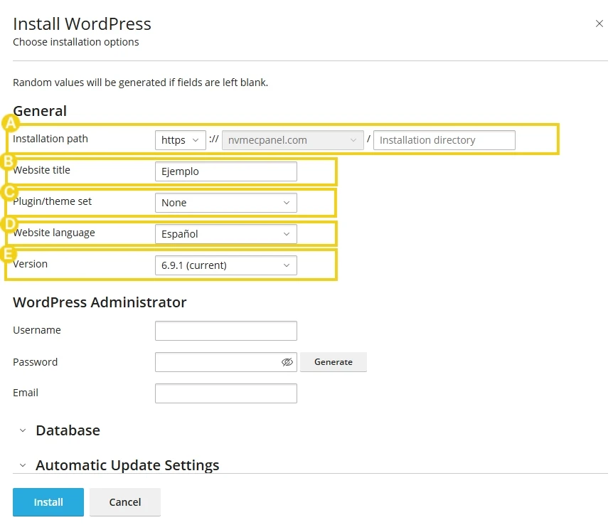 Imagen de configuración de instalación de WordPress, incluyendo opciones de ruta de instalación, título del sitio e idioma.