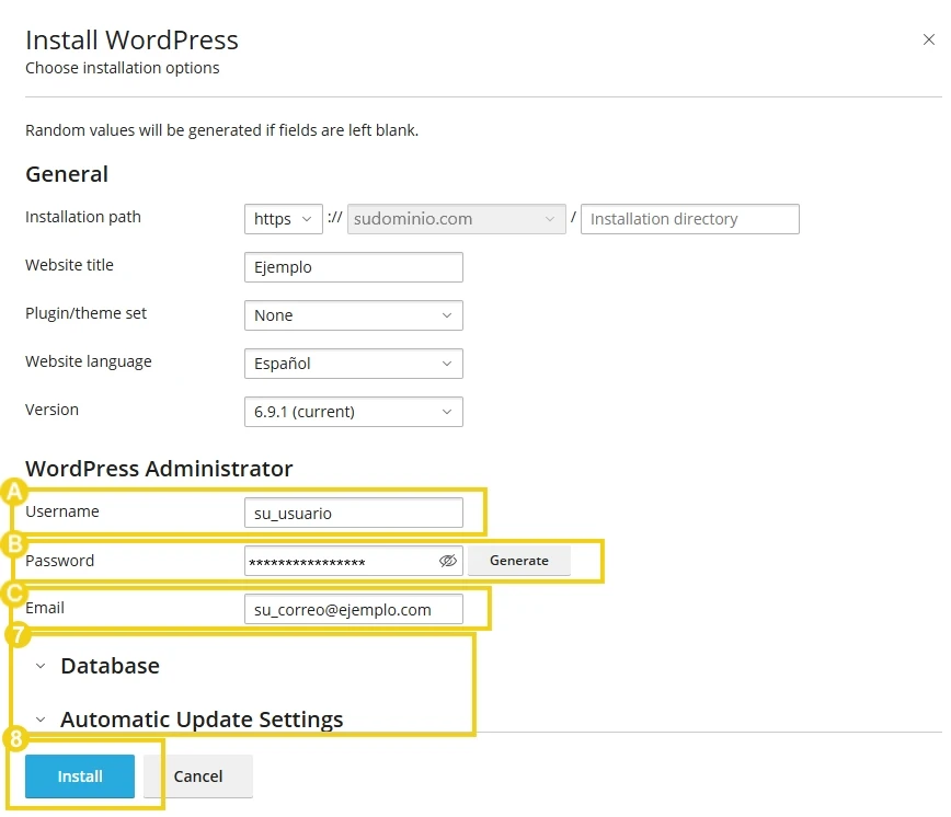 Captura de pantalla de la instalación de WordPress mostrando opciones de configuración, incluyendo nombre de usuario, contraseña, correo electrónico y configuraciones de base de datos.
