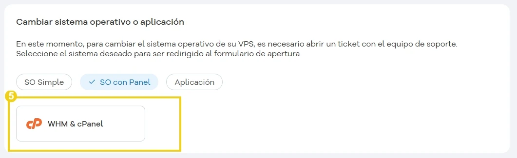 **Tradução (espanhol):** La imagen muestra el panel de gestión de servidores, destacando el botón "WHM & cPanel".
