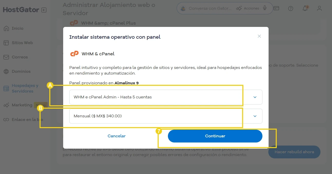 **Tradução (espanhol):** La imagen destaca los campos para completar la cantidad de licencias y el ciclo de pago.
