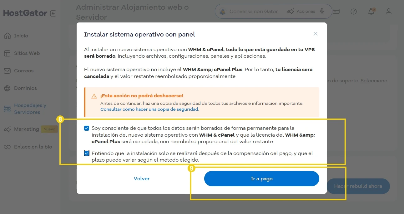 La imagen destaca los campos para completar la cantidad de licencias y el ciclo de pago.