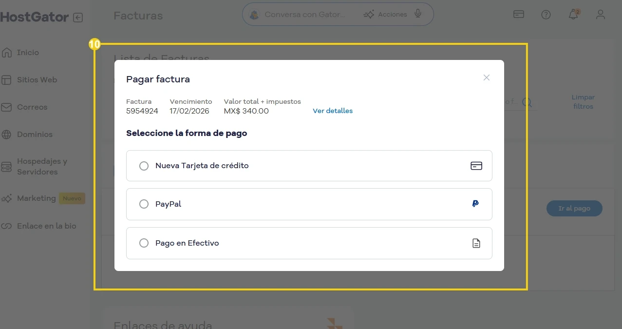 **Tradução (espanhol):** Imagen que muestra la plataforma HostGator de gestión de alojamientos y servidores en la pantalla de finalización para el pago de la factura.