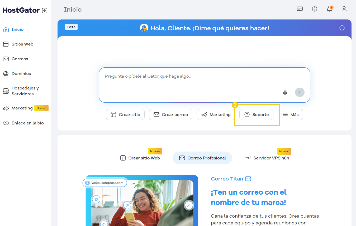 Captura de pantalla de una solicitud de soporte enviada a HostGator, donde se destacan la confirmación del cambio de ciclo de pago y el botón de envío.