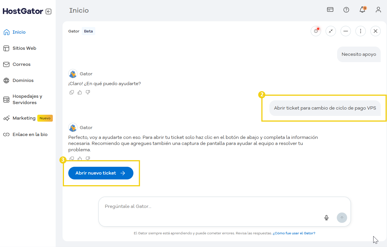 Pantalla de soporte al cliente que muestra cómo abrir un ticket de soporte en Gator.