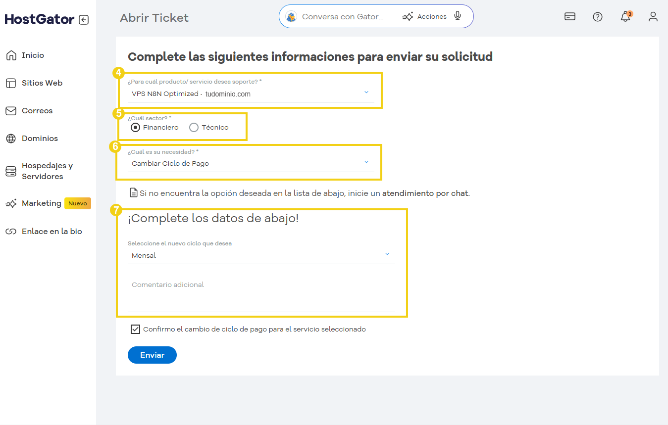 Pantalla del formulario de HostGator para abrir un ticket de soporte financiero, completando información como producto, sector, tipo de necesidad y ciclo de pago.