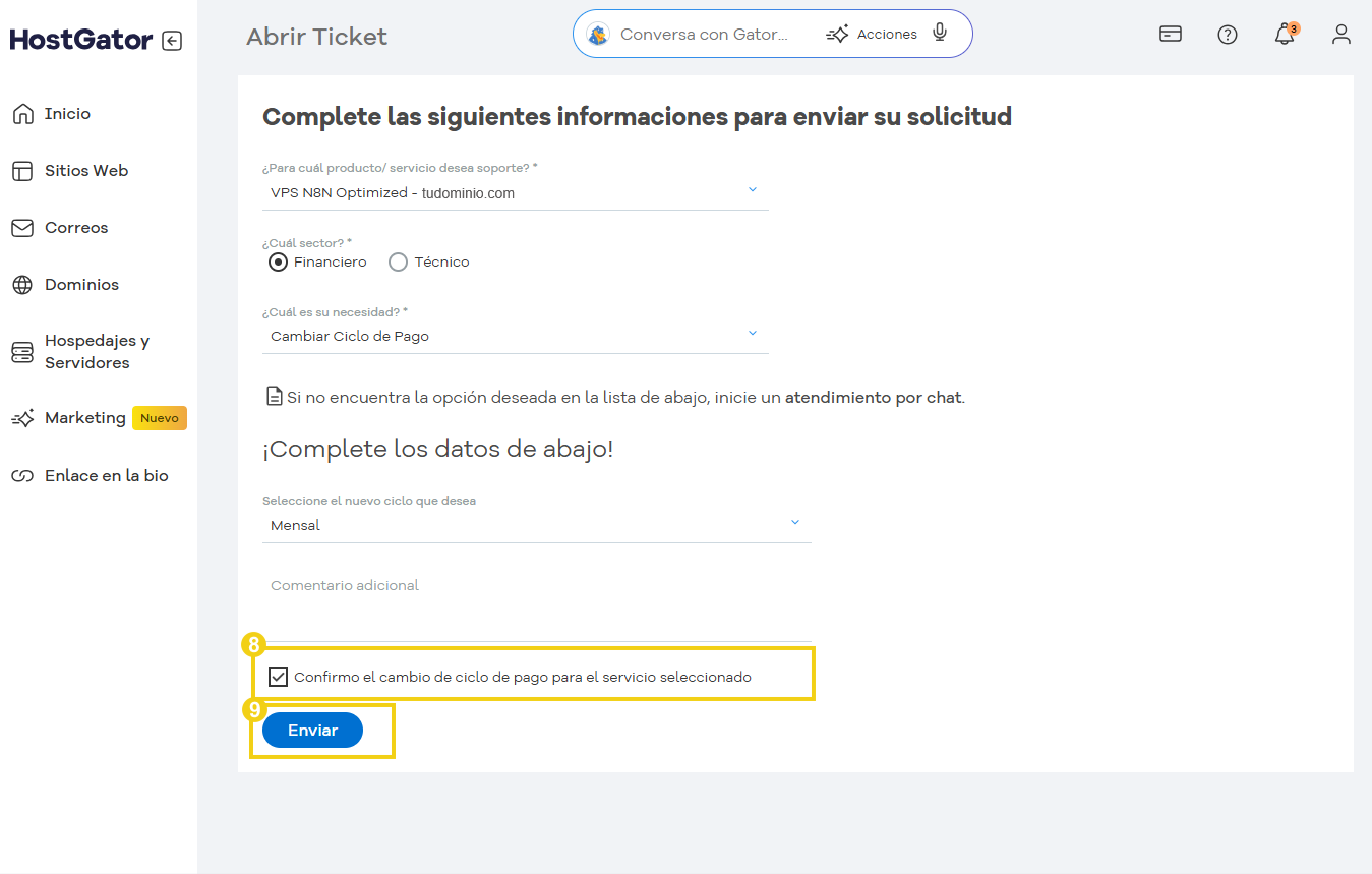 Pantalla del formulario de HostGator para abrir un ticket de soporte financiero, completando información como producto, sector, tipo de necesidad y ciclo de pago.