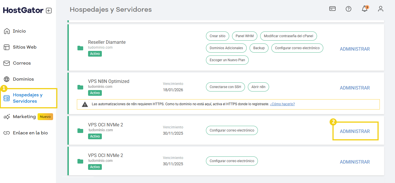 Imagen del panel financiero en la plataforma HostGator, que muestra las opciones de administración de dominios, copias de seguridad y configuración de correo electrónico, resaltando la opción "administrar".