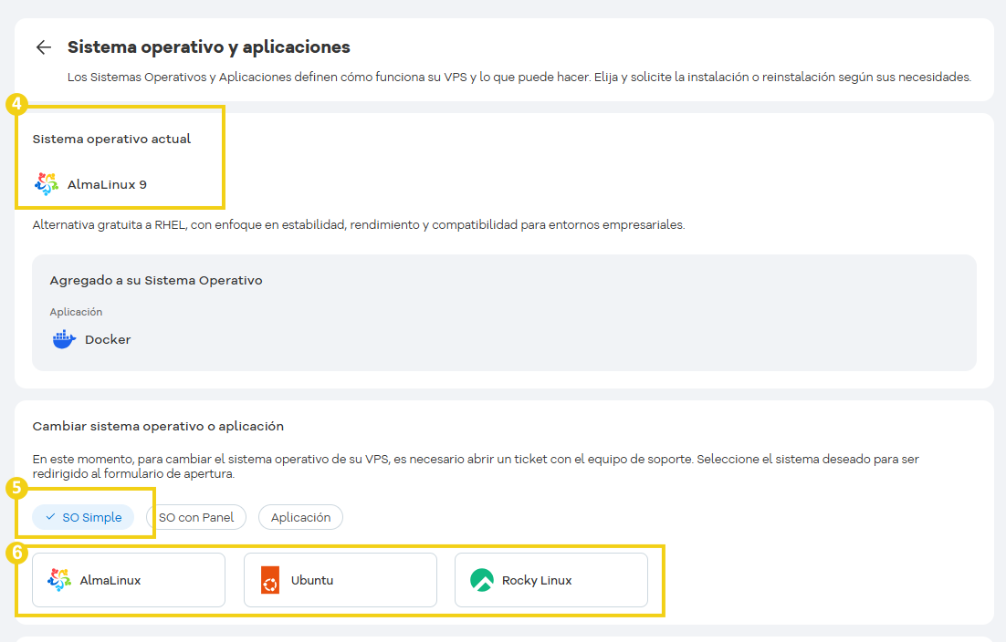 Pantalla de gestión de hospedaje o servidor en HostGator mostrando sistemas operativos y aplicaciones, incluyendo AlmaLinux 9, Docker y opciones de cambio