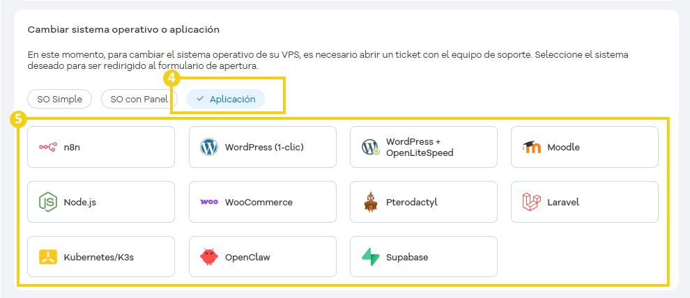 Imagen del Portal del Cliente, en el área de gestión de SO y aplicaciones, destacando las opciones de aplicaciones disponibles